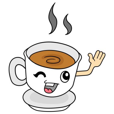 Bir fincan sıcak çikolata ve mutlu bir gülümseme, karalama ikonu imajı kawaii