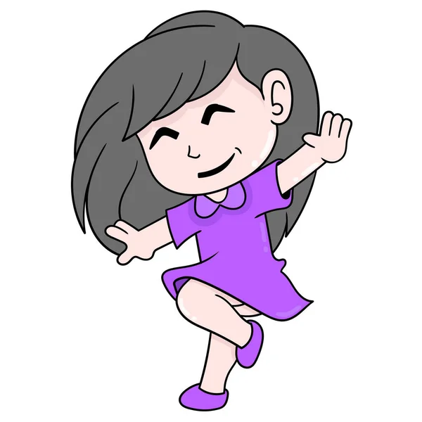 Beautiful Girl Dress Jumping Joy Doodle Icon Image Kawaii — Stock Vector