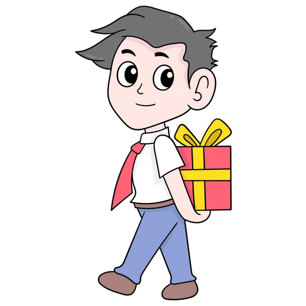 Chico Está Caminando Llevando Regalo Espalda Para Una Sorpresa Garabato — Vector de stock