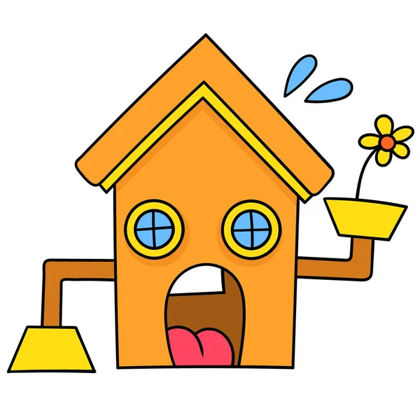 Cute Face House Flower Decoration Doodle Icon Image Kawaii — Stock Vector