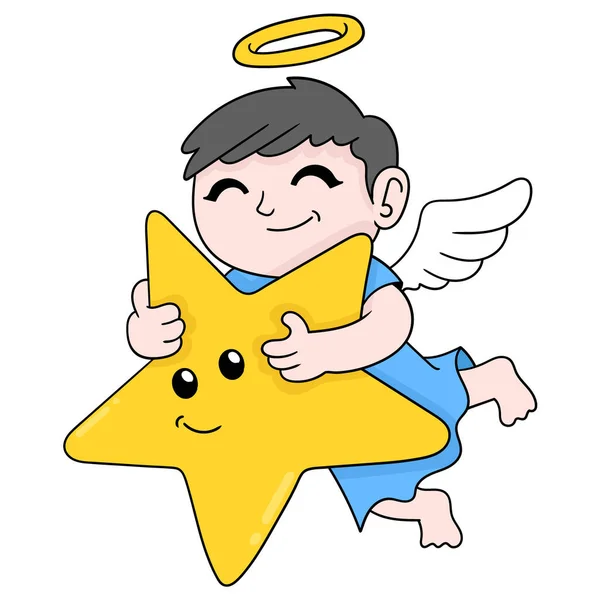 Boy Dreams Flying Angel Hugging Stars Sky Doodle Icon Image — Stock Vector