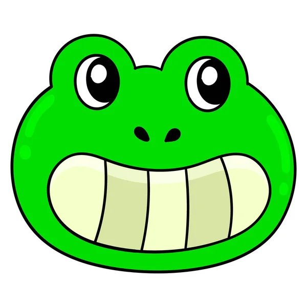 Zielony Żaba Głowa Uśmiechając Słodkie Ikona Doodle Rysunek — Wektor stockowy