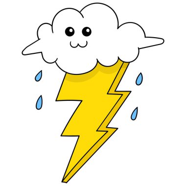 Tatlı yüzlü bulutlu bulutlar yağmur mevsiminde gök gürültülü fırtınalar yayar, karalama ikonu imajı Kawaii