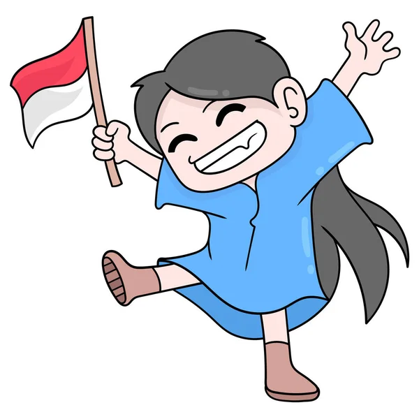 Anak Senang Membawa Bendera Indonesia Merayakan Hari Kemerdekaan Ikon Doodle - Stok Vektor