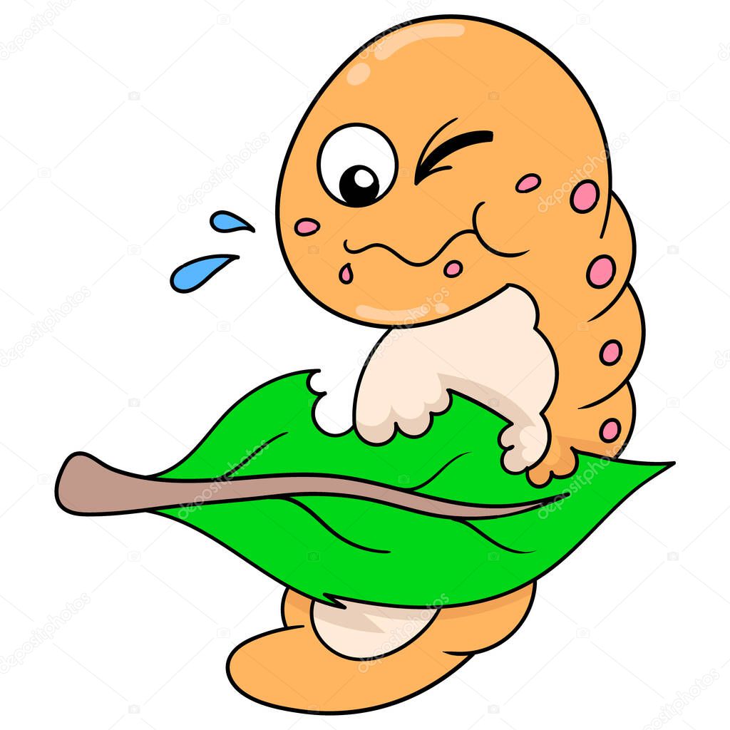 colored silkworms people are eating leaves for metamorphosis, doodle icon image kawaii