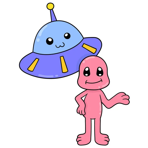 Ufo Alien Pesawat Ruang Angkasa Asing Gambar Ikon Doodle Kawaii - Stok Vektor