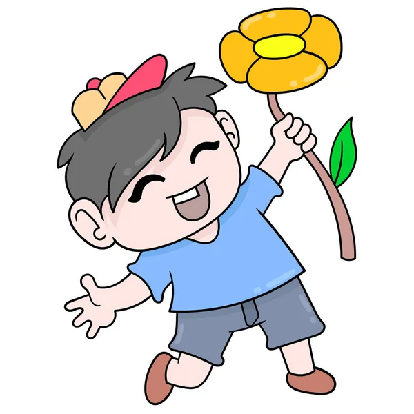 Niño Niño Está Llevando Girasoles Feliz Dar Bienvenida Primavera Doodle — Archivo Imágenes Vectoriales