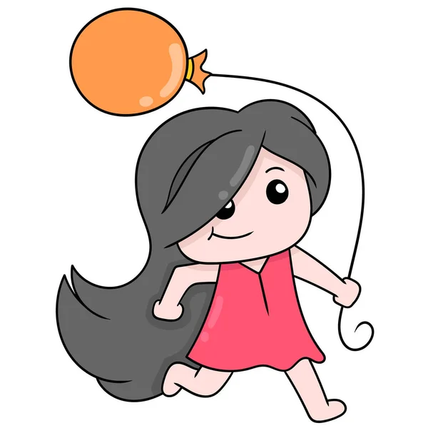 Piękna Dziewczyna Spacery Balonami Ikona Doodle Obraz Kawaii — Wektor stockowy