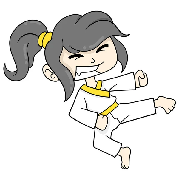 Mooi Meisje Oefenen Martial Arts Schoppen Doodle Pictogram Afbeelding Kawaii — Stockvector