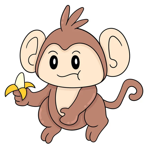 Słodkie Małpa Dziecko Korzystających Pyszne Banany Ikona Doodle Obraz Kawaii — Wektor stockowy