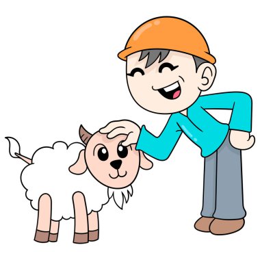 Çocuk sevimli pofuduk koyunlarla oynuyor, karalama ikonu imajı Kawaii