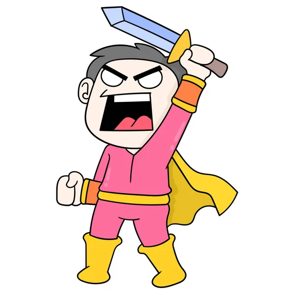 Süper Kahraman Çocuk Öfkeyle Adaletin Kılıcını Taşıyor Simge Imajı Kawaii — Stok Vektör