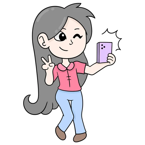 Beautiful Girl Long Hair Taking Selfie Smartphone Doodle Icon Image — Stock Vector