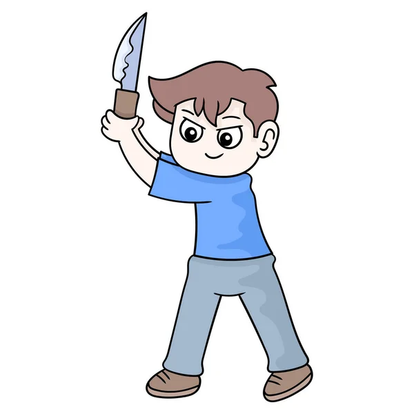 男孩拿着一把锋利的小刀站在那里砍 涂鸦图标卡瓦伊 — 图库矢量图片#