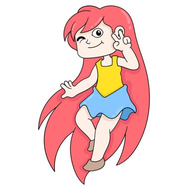 Uzun kızıl saçlı güzel bir kadın, karalama ikonu imajı Kawaii