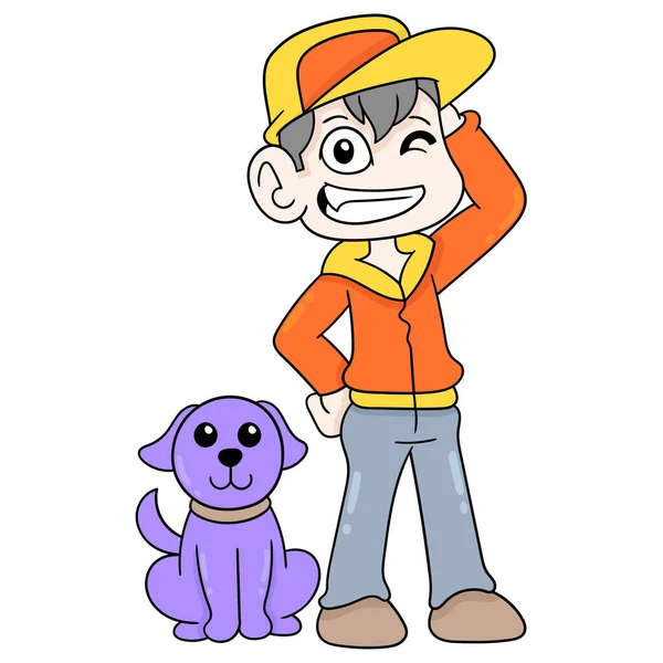 Junge Und Hund Gehen Zusammen Doodle Symbolbild Kawaii — Stockvektor