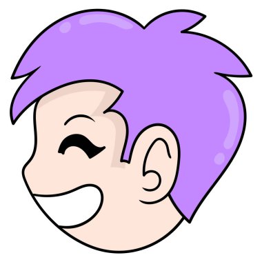 Havalı yüzlü çocuk gülümseyen mor saçlar, karalama ikonu çizimi