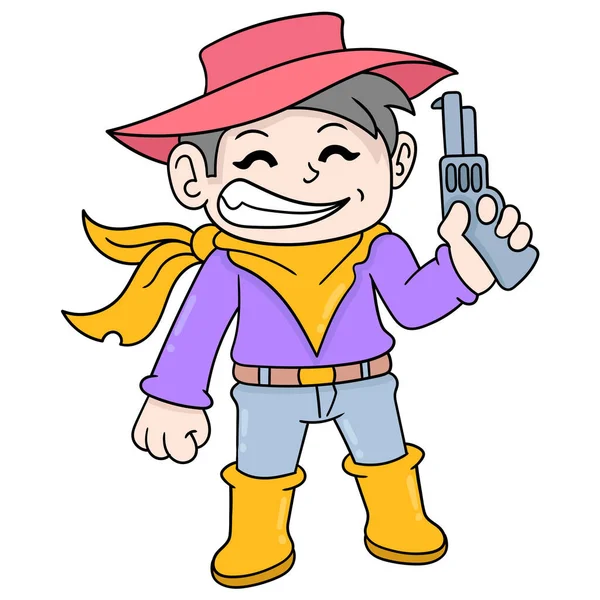 Glücklich Lächelnder Junge Mit Pistole Cowboy Sheriffkostüm Doodle Symbolbild Kawaii — Stockvektor