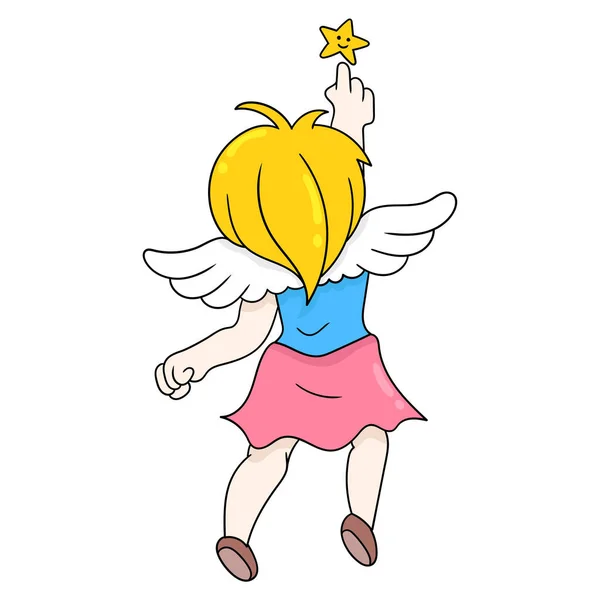 Beautiful Angel Girl Flying Touching Stars Doodle Icon Image Kawaii — Stock Vector