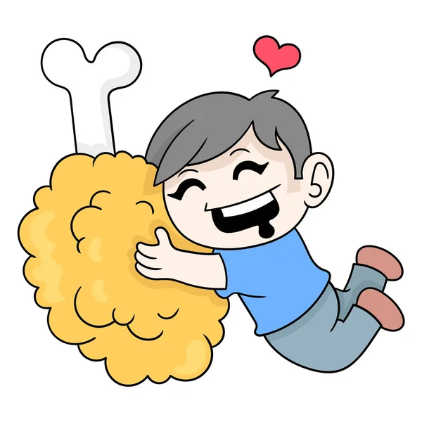 Boy Hungry Hugging Fried Chicken Krenyes Doodle Icon Image Kawaii — Stock Vector