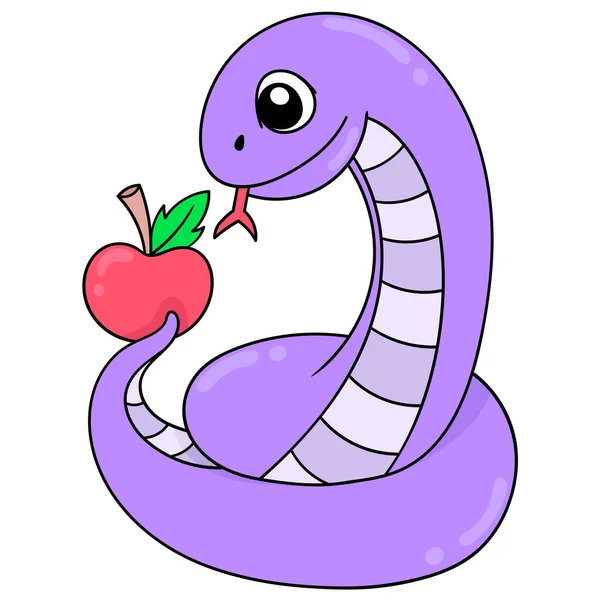 Python Roxo Gigante Carregando Maçãs Frescas Doodle Ícone Imagem Kawaii — Vetor de Stock