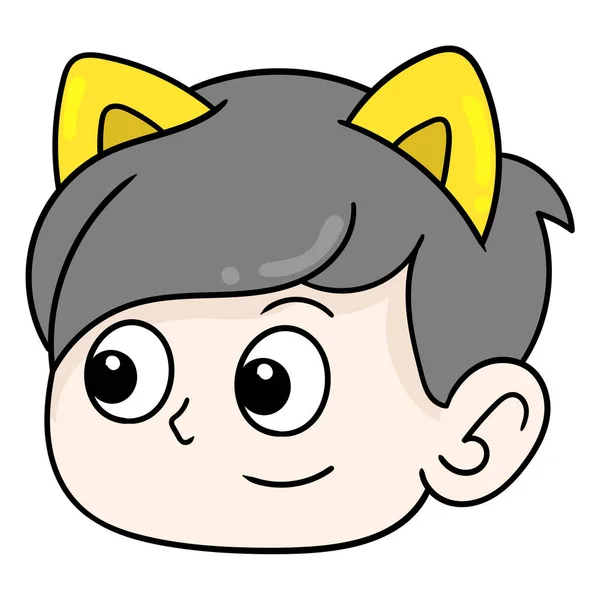 Bonito Menino Cabeça Vestindo Gato Orelha Headband Doodle Ícone Desenho — Vetor de Stock