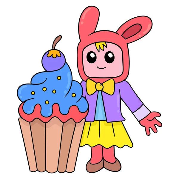 Gelukkig Vrouwelijk Konijn Knuffelen Reusachtig Cupcake Doodle Pictogram Afbeelding Kawaii — Stockvector