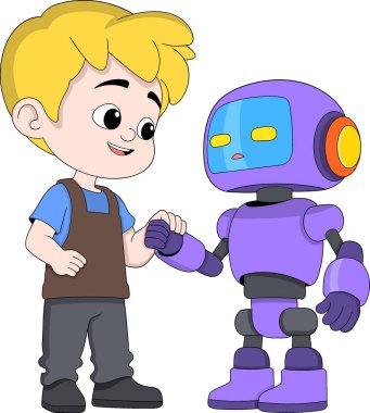 İnsanlar ve yapay zeka robotları arasındaki işbirliğini gösteren vektör illüstrasyonu