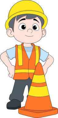 Bir çizgi film inşaat işçisinin portakal renkli bir trafik konisi taşımasının vektör çizimi