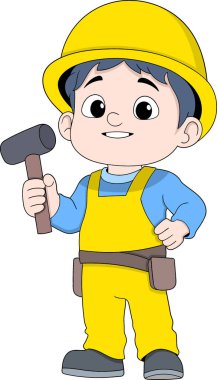 Bir karikatür erkek inşaat işçisinin çekiç taşımasının vektör çizimi