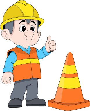 Gülümseyen bir inşaat işçisinin portakal renkli bir trafik konisinin yanında baş parmak gösterimi