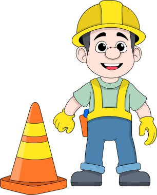 Turuncu bir trafik konisinin yanında duran neşeli bir inşaat işçisinin vektör çizimi