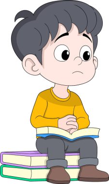 Uzun bir kitap yığınına yığılmış, yorgun ve sıkılmış görünen genç bir adamın vektör çizimi