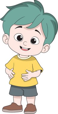 Cartoon vector illustration of a cheerful young boy with green hair, wearing a yellow shirt and short