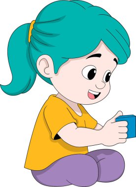 Cartoon vector illustration of a happy young girl sitting and playing with colorful LEGO blocks