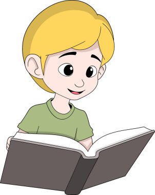 Vector cartoon illustration of a boy sitting and reading an open book while studying for an exam