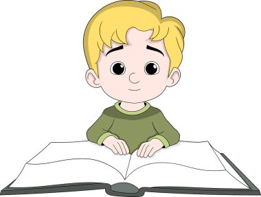 Cute vector cartoon illustration of a little boy opening a book and learning to read