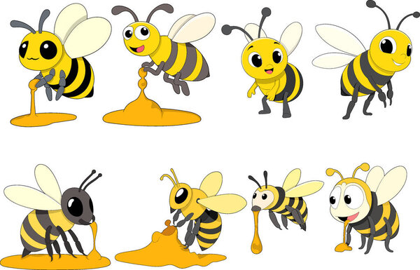 Vector cartoon illustration of several adorable bees interacting with honey in various playful poses