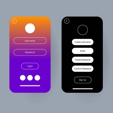 Kullanıcı adı ve parola alanlarını içeren gradyan arkaplan içeren bir giriş sayfası ve bir hesap oluşturmak için girdi alanlarıyla birlikte bir karanlık kip imzalama sayfası
