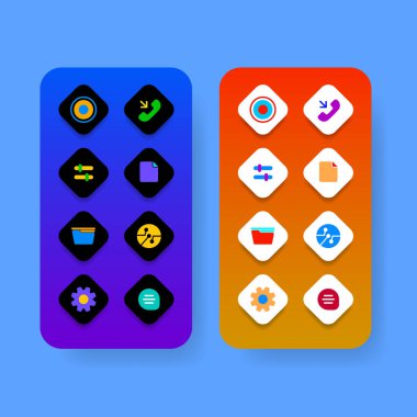 Renkli uygulama simgesi setlerini gösteren iki mobil arayüz düzeni içeren canlı bir vektör illüstrasyonuName