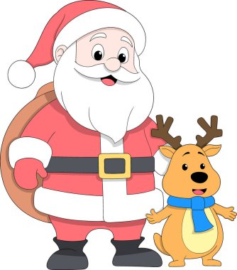 Sevimli bir çizgi film stili Noel Baba mavi eşarp takan sevimli bir ren geyiği karakterinin yanında duruyor.