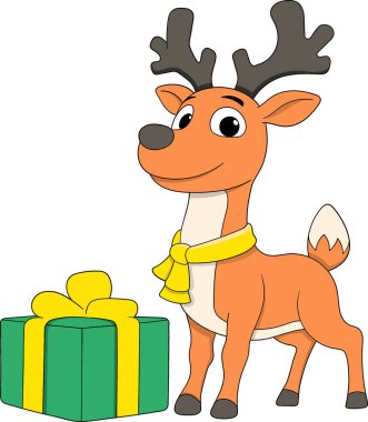Sarı bir eşarp takan ve büyük bir hediye kutusunun yanında duran sevimli bir Noel geyiği.