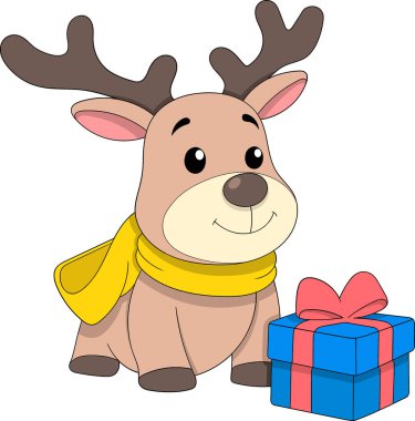 Renkli bir Noel hediye kutusunun yanında sarı eşarp takan sevimli bir ren geyiği.