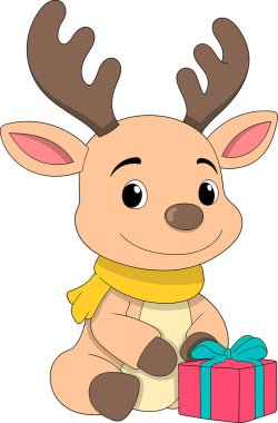 Sarı eşarp takan ve elinde renkli bir Noel hediyesi kutusu olan oturan sevimli bir ren geyiği çizgi filmi.