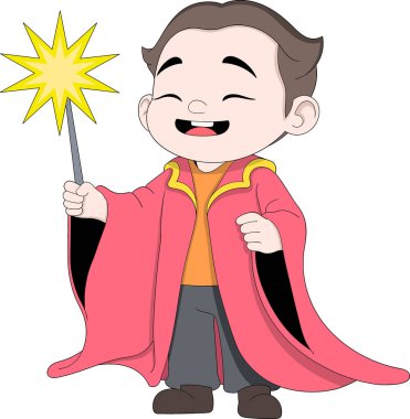 Neşeli bir çizgi film kahramanı. Şenlikli kıyafetler giymiş ve yeni yılı kutlamak için elinde parlak bir değnek tutan bir Çinli çocuk.