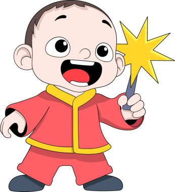 Mutlu bir çocuğun yeni yılı kutlamak için elinde havai fişek tutmasının neşeli bir çizimi.