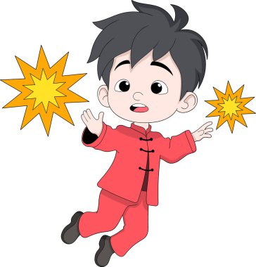 Geleneksel kırmızı kıyafet giyen mutlu bir Çinli çocuğun çizgi film çizimi ve siyah arka planda neşeli yıldız unsurlarıyla yeni yılı kutlaması.