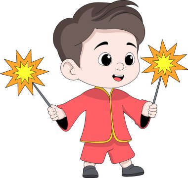 Geleneksel Çin kıyafetleri giyen ve elinde havai fişek tutan sevimli bir çocuğun neşeli bir temsili.