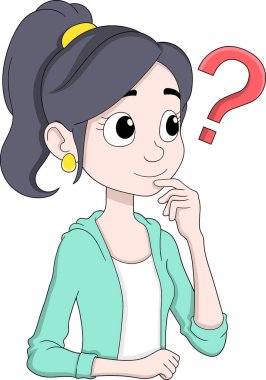Bu illüstrasyon, bir soru işareti ile sembolize edilmiş, düşünen ve soru soran genç bir kadının öğrenmenin merak ve araştırmayla başladığını gösteriyor.