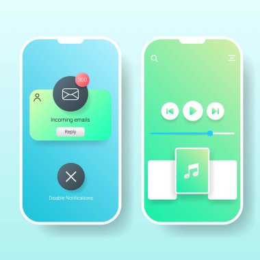 Bu modern mobil uygulama kullanıcı arayüzü tasarımı bildirim uyarıları ve bir müzik çalar ekranı içerir